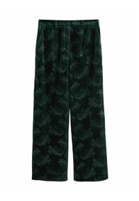 Green velvet wide-leg pants with a subtle paisley pattern, featuring a button closure and belt loops. Smooth texture throughout.