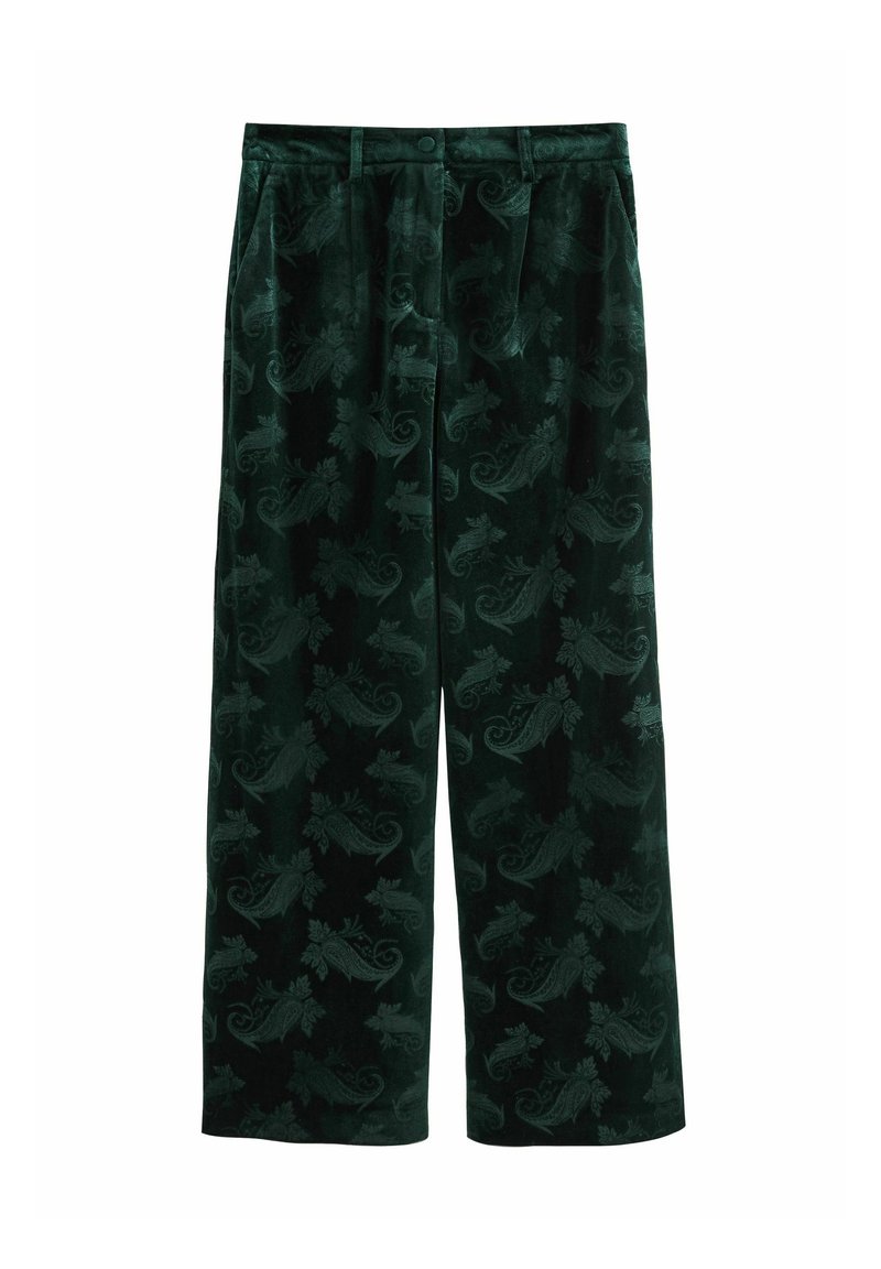 Green velvet wide-leg pants with a subtle paisley pattern, featuring a button closure and belt loops. Smooth texture throughout.