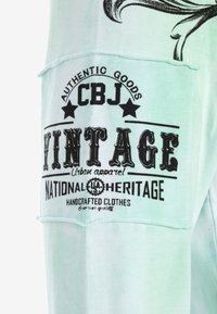 Lys grøn bomulds t-shirt med korte ærmer, som har et sort trykt mærke med "CBJ VINTAGE" og dekorative elementer, der fremhæver et afslappet design.
