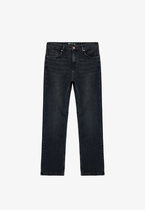 Donkerblauwe spijkerbroek met een rechte snit, voorzien van voor- en achterzakken, een metalen knoopsluiting en minimale vervaging.