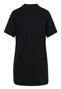 Czarny bawełniany t-shirt z okrągłym dekoltem i krótkimi rękawami. Gładka tekstura, luźny krój. Brak widocznych grafik lub ozdób.