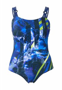 Maillot de bain une pièce avec un imprimé abstrait bleu, comprenant des rayures bleu foncé et clair, et vert, des bretelles ajustables, ainsi qu'un tissu texturé.