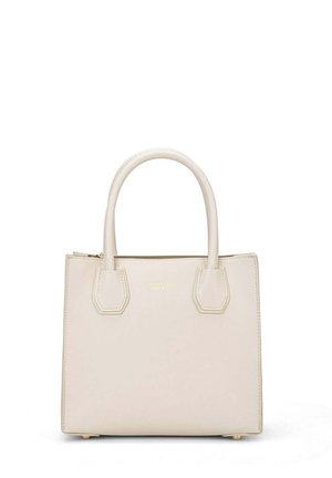 Borsa a tracolla in pelle beige con doppi manici superiori, forma rettangolare, fondo piatto e dettaglio del logo dorato sulla parte anteriore. Texture liscia.