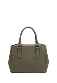 Borsetta in pelle verde oliva con forma strutturata, doppi manici superiori e zip color oro. Superficie texturizzata e design minimalista.