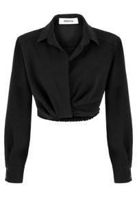 Maglietta nera cropped con maniche lunghe, colletto a camicia, dettaglio con torsione frontale e vita elasticizzata. Tessuto liscio e design aderente.