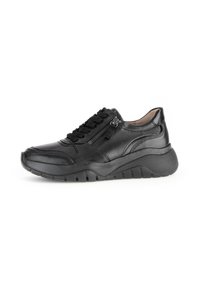 Black leather sneaker with textured surface, lace-up front, and side zipper. Features a thick outsole for added height and grip.