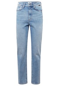 Vaqueros de mezclilla azul claro con diseño de pierna recta, cinco bolsillos, cierre de botón y textura sutilmente deslavada.