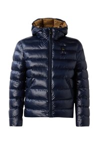 Giacca puffer lucida blu navy con cappuccio, zip frontale, tasche laterali e un piccolo logo nero e giallo sul petto.