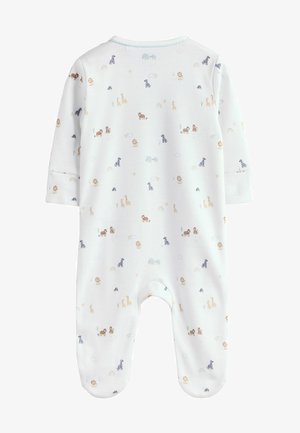 Salopetă bleu deschis, cu mâneci lungi, având modele cu animale în culori delicate. Fabricată din bumbac, cu design cu picioare și închidere cu capse.