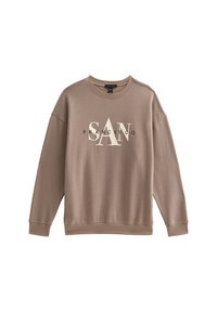 Sudadera color marrone chiaro realizzata in un tessuto morbido. Presenta la scritta "SAN FRANCISCO" in lettere bianche in grassetto sul petto. Collo rotondo e polsini a costine.