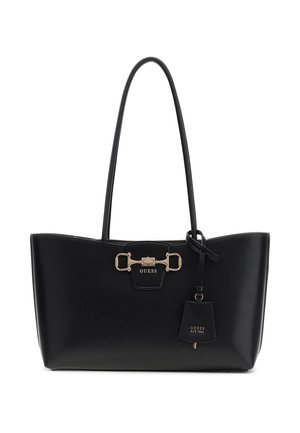 Sac cabas Guess en cuir noir avec doubles anses, fermoir doré et étiquette porte-clés attachée avec le logo de la marque.