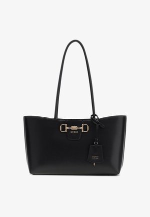 Sac cabas Guess en cuir noir avec doubles anses, fermoir doré et étiquette porte-clés attachée avec le logo de la marque.