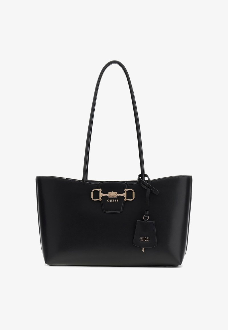 Sac cabas Guess en cuir noir avec doubles anses, fermoir doré et étiquette porte-clés attachée avec le logo de la marque.