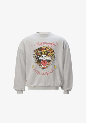 Hellgrau sweatshirt mit großem Tiger-Graphic in Orange und Schwarz, mit „Ed Hardy“ und „Los Angeles“ in Rot aufgedruckt. Rippbündchen und Saum.