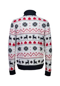 Maglione bianco con renne nere, fiocchi di neve e accenti rossi in un motivo geometrico. Colletto e polsini a coste blu navy.