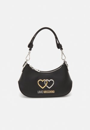 Black Love Moschino handbag with double heart logo in gold and silver and a short handle with metal clasps.