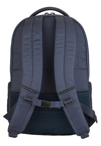 Zaino blu navy con spallacci imbottiti, pannello in rete, cinghia toracica regolabile e scomparto con zip. Finitura in tessuto testurizzato.
