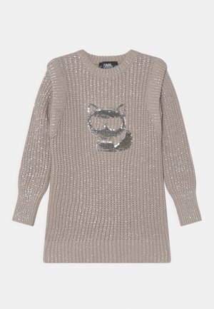 Beiger, gestrickter Pullover mit langen Ärmeln, durchzogen von silbernen Pailletten und einem zentralen silbernen Pailletten-Design in Form einer Katzensilhouette.