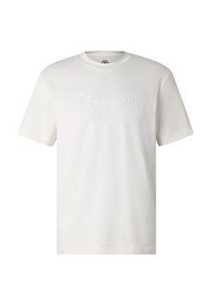 Biała koszulka z krótkim rękawem i okrągłym dekoltem, z subtelnym, wypukłym napisem „Prosper” na wysokości klatki piersiowej.