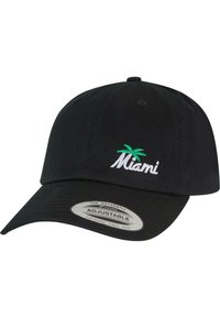 Svart justerbar baseballcap med hvit "Miami" brodering og et grønt palmetre. Stoffet er glatt med en buet skygge.