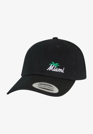 Casquette de baseball noire ajustable avec une broderie blanche "Miami" et un palmier vert. Le tissu est lisse avec une visière courbée.