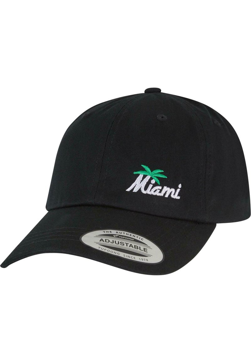 Svart justerbar baseballcap med hvit "Miami" brodering og et grønt palmetre. Stoffet er glatt med en buet skygge.