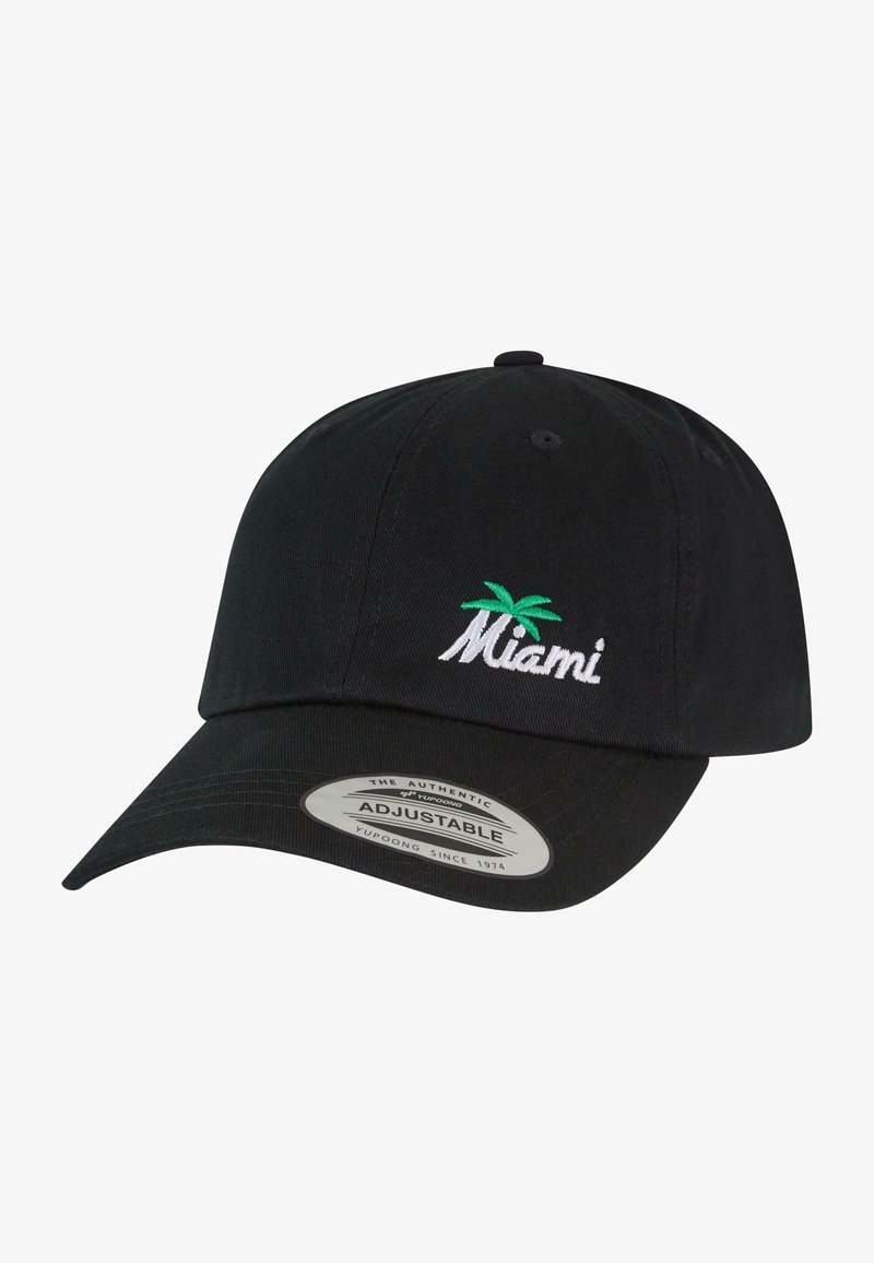 Crni podešavajući bejzbol kapu s bijelim vezom "Miami" i zelenim palmom. Tkanina je glatka s zakrivljenim vizirima.