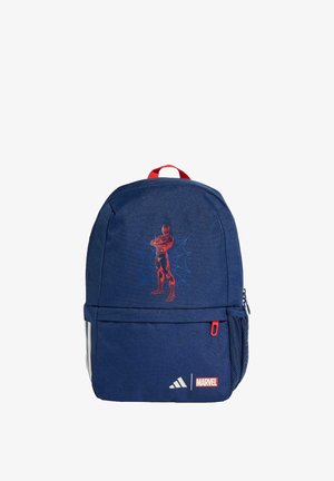 Navy blue backpack with a Spider-Man graphic, red accents, a front zipper pocket, and Adidas logo. Features a top handle and side mesh pocket.