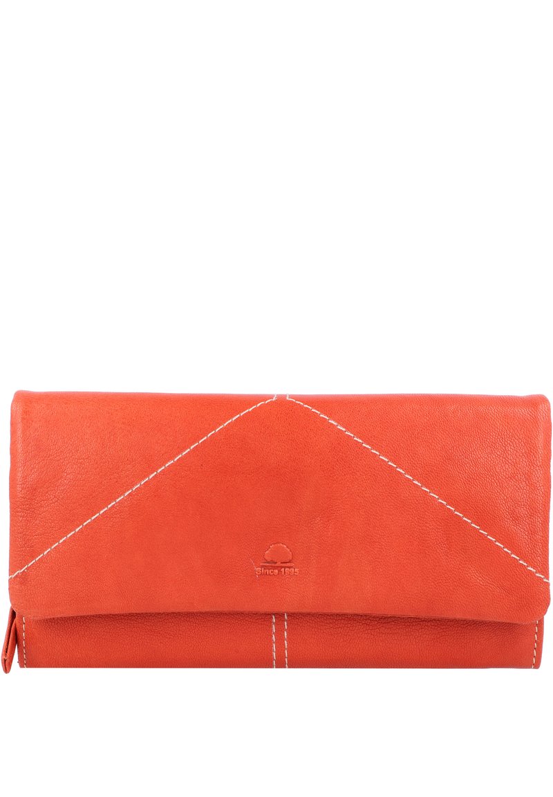 Oranje leren portemonnee met een vouwontwerp, witte stiksels en een geperst logo. Gecoate textuur en rechthoekige vorm.