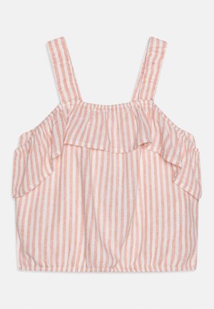 Top senza maniche a righe verticali rosa e bianco con dettaglio volant lungo la scollatura e orlo elasticizzato.