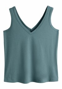 Débardeur sans manches en coton turquoise avec col en V, coutures doubles et ourlet droit.