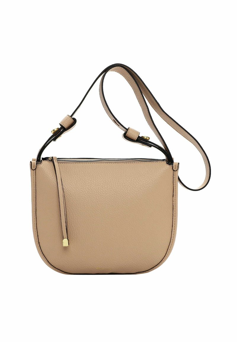 Borsa a tracolla in pelle beige con finitura testurizzata, dettagli neri e una tracolla regolabile, dotata di chiusura a zip sulla parte superiore.