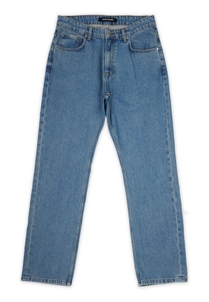 Light blue denim jeans with a straight fit, five pockets, a button closure, and visible stitching along seams. Classic casual style.