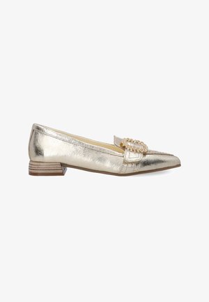 Metallic gold loafers with a pointed toe, featuring a chain accent on the strap and a low stacked heel with a textured finish.