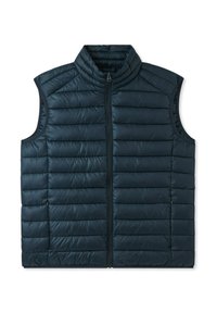 Gilet imbottito senza maniche in blu scuro, con colletto alto, zipper frontale e sezioni a righe orizzontali per una maggiore texture.