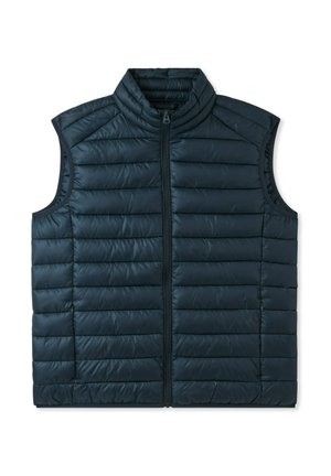 Wypełniona bezrękawnik w ciemnym granacie, z wysokim kołnierzem, zamkiem błyskawicznym z przodu oraz poziomymi pikowaniami, które dodają faktury.