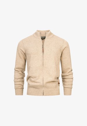 Beige Zip-Up-Pullover mit hohem Kragen, gerippten Bündchen und Saum. Weiche Stricktextur mit einem kleinen Markenschild an der unteren Seite.