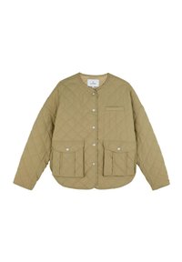 Quiltet beige jakke med rund halsudskæring, trykknapper, en brystlomme og to forlommer. Blød tekstur og afslappet pasform.