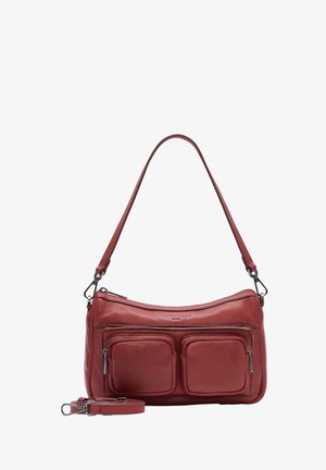 Red leather shoulder bag with a curved shape, two front zippered pockets, and an adjustable strap. Smooth texture with contrasting hardware.