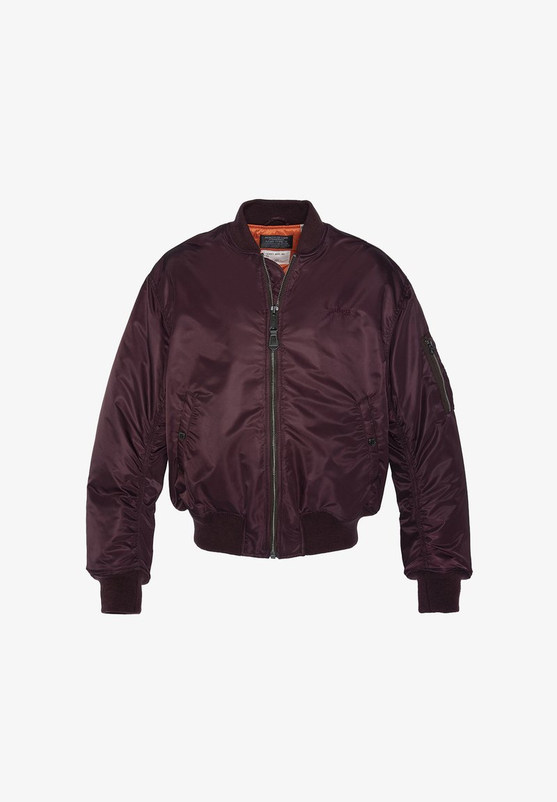 Blouson bomber violet foncé avec fermeture éclair devant, poignets et ourlet côtelés, poche zippée sur la manche gauche, et doublure orange à l'intérieur du col.
