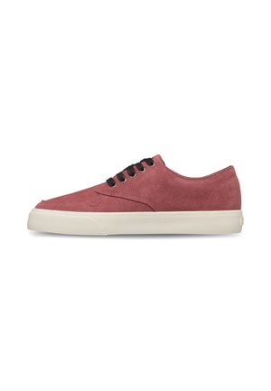 Sneaker bas en daim rose poussière avec lacets noirs et semelle épaisse en caoutchouc blanc cassé, vu de côté sur fond blanc.
