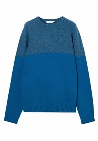 Maglione blu lavorato a maglia con collo rotondo, caratterizzato da una parte superiore texturizzata e una parte inferiore a tinta unita. Polsini e orlo a costine.