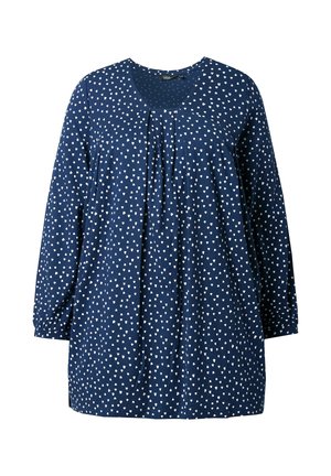 Navyblaue Langarm-Tunika mit weißen herzförmigen Mustern, Rundhalsausschnitt und gefaltetem Vorderteil. Weicher Stoff mit lässiger Passform.