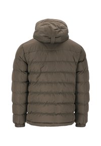 Puffjacka i olivgrön med huva, puffad textur, elastiska ärmslut och åtstramad nederkant, med horisontell sömnad över hela plagget.