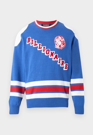 Blue knit sweater with white and red stripes. Features a crew neckline, graphic print of a helmeted figure, and bold "Billionaire" lettering.