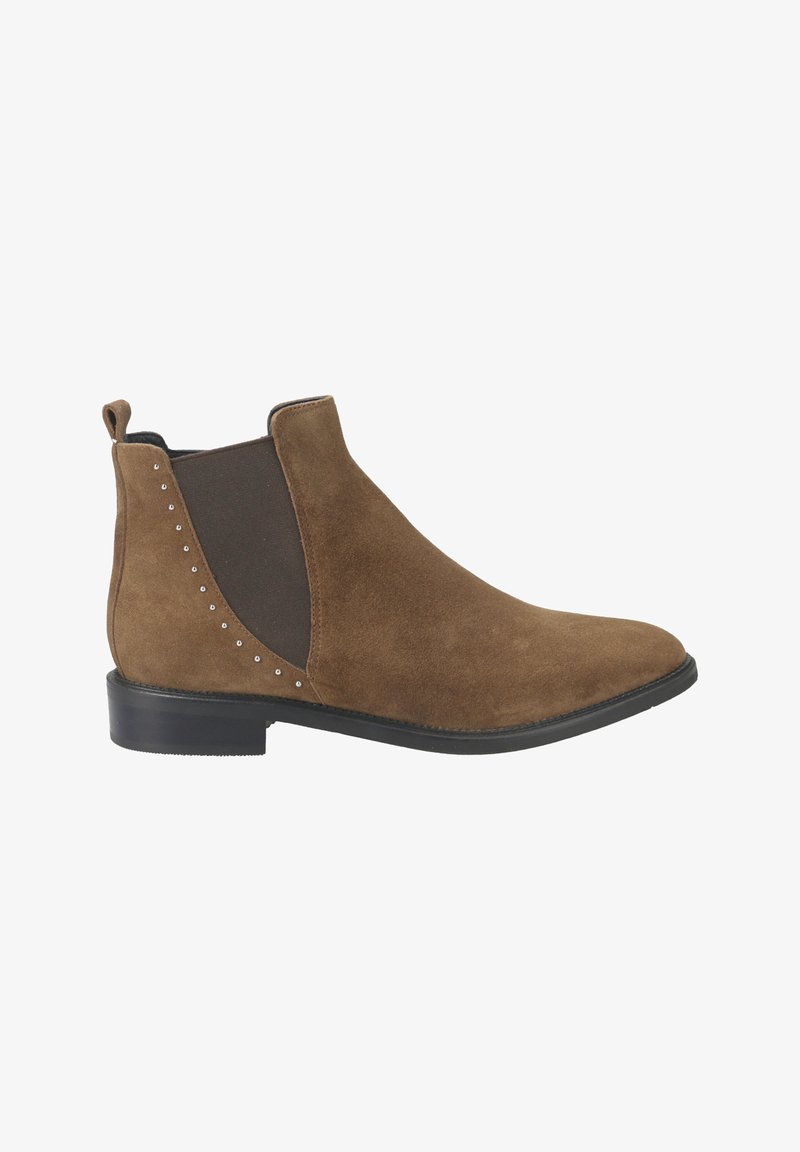 Stivale alla caviglia in suede marrone con pannelli elastici sui lati, borchie decorative, punta arrotondata e tacco basso per il massimo comfort.