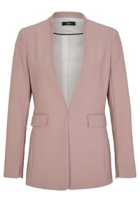 Ljust rosa kavaj med slagkrage, öppen front och två framfickor. Slät textur, skräddarsydd passform och sidoklipp vid fållen.