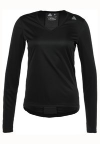 Černé sportovní tričko s dlouhým rukávem a V výstřihem, vyrobené z hladké, lehké tkaniny, s síťovinovým detailem na lemu a logem na rameni.