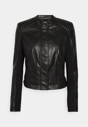 Black leather jacket with a high collar, ribbed shoulder accents, front button closure, and fitted design. Features smooth, sleek texture.