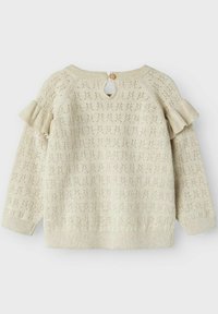 Maglione lavorato a maglia color crema con un motivo testurizzato, maniche arricciate e chiusura a bottone sulla parte posteriore del collo. Tessuto morbido.
